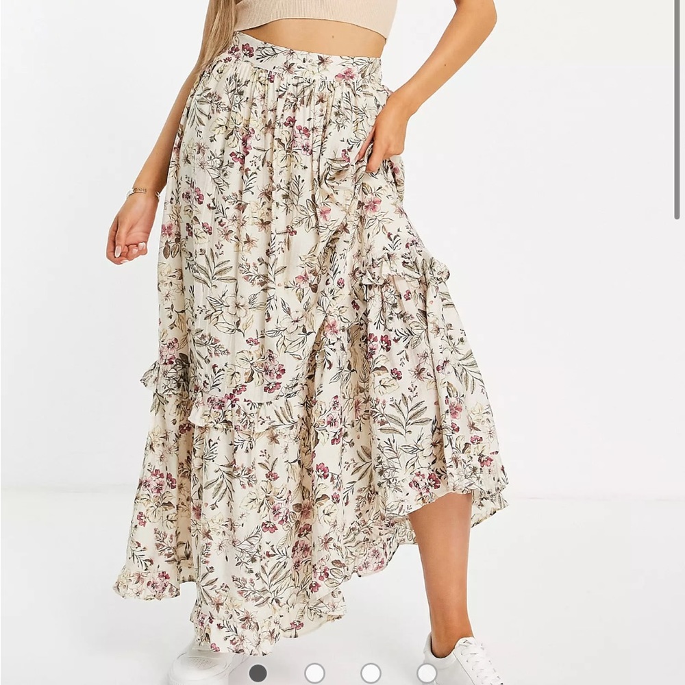 Mango floral tiered midi skirt in ecru
